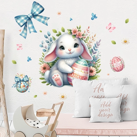 Cartoon Easter Bunny Holding Egg Wall Sticker Colorful Eggs Butterfly Flower PVC Waterproof DIY Window Decal Home Decor