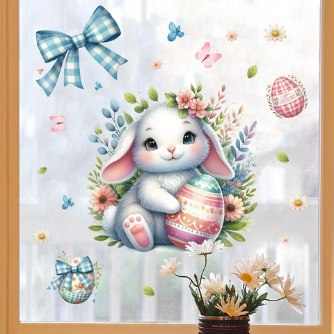 Cartoon Easter Bunny Holding Egg Wall Sticker Colorful Eggs Butterfly Flower PVC Waterproof DIY Window Decal Home Decor