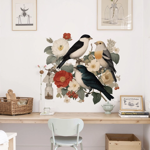 Adhesivos De Pared Vintage Flores Y Pájaros Calcomanías De PVC Removibles para Dormitorio Baño Cocina Puerta De Armario