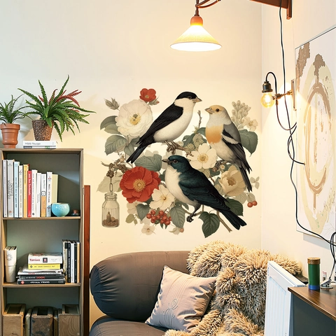 Adhesivos De Pared Vintage Flores Y Pájaros Calcomanías De PVC Removibles para Dormitorio Baño Cocina Puerta De Armario