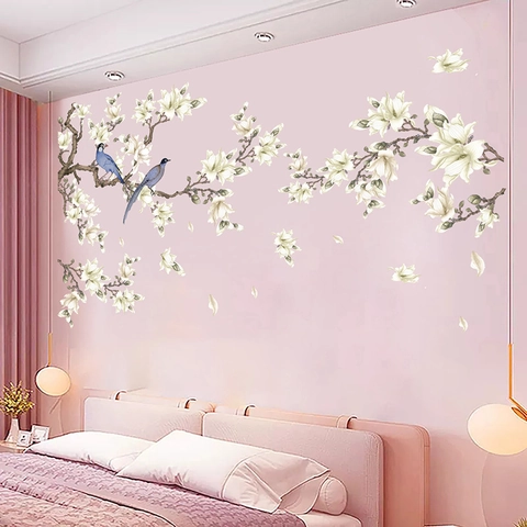 Modern Chinese Magnolia Tree Wall Sticker With Birds Removable PVC Floral Wall Decals For Living Room Bedroom Sofa Background Decor