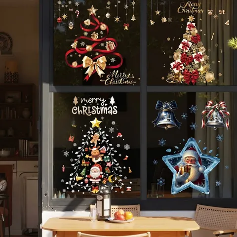 Weihnachtsbaum Weihnachtsmann Statische Fensterbilder PVC Glasaufkleber Für Urlaub Geschäft Zuhause Dekoration Wiederverwendbare Aufkleber
