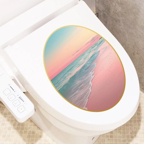 Modern Oval Sunset Beach Bathroom Wall Sticker Waterproof PVC Self Adhesive Toilet Lid Decoration Mural For Home Decor