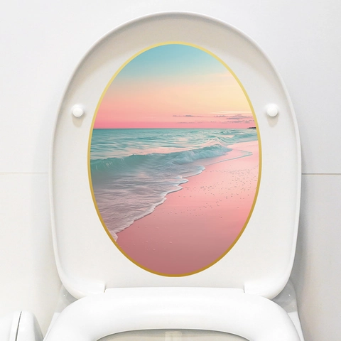 Modern Oval Sunset Beach Bathroom Wall Sticker Waterproof PVC Self Adhesive Toilet Lid Decoration Mural For Home Decor