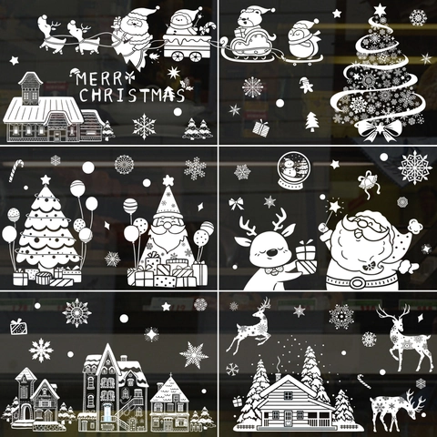 9 Blatt Weiße Weihnachten Statische Fensteraufkleber Weihnachtsmann Rentier Schneeflocke Baum Aufkleber Für Glas Schaufenster Haus Dekor