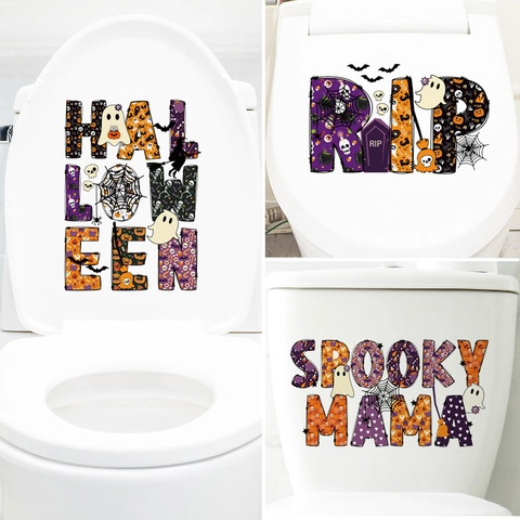 Halloween PVC Effrayant Citrouille Fantôme Chauve-souris Autocollants de Toilette Muraux Imperméable Amovible Déco Salle de Bain