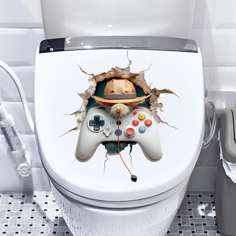 Adesivo da Parete Gamepad 3D Effetto Muro Rotto Con Cappello da Cowboy Decalcomania in PVC Impermeabile per Bagno