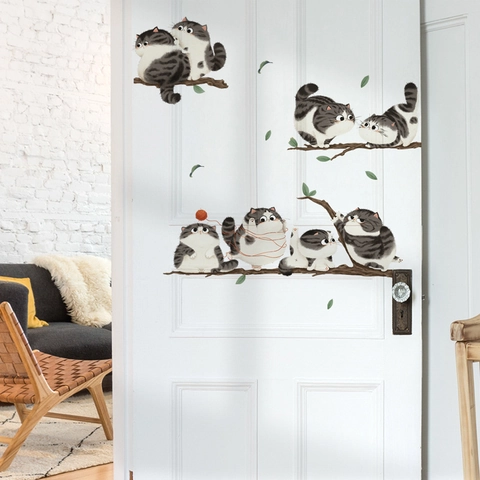 Cartoon Cat Wall Stickers Cute Animal Kittens On Branches PVC Removable Waterproof DIY Decals For Kids Room Home Decor