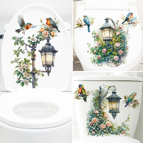 Adhesivo para Tapa de Inodoro de PVC Impermeable Con Flores Pájaros y Farola de Acuarela Calcomanía de Pared Removible Baño