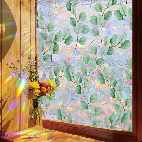 3D Rainbow Window Film Eucalyptus Leaves Privacy Glass Sticker Static Cling Decorative Window Decal Home Office Bathroom