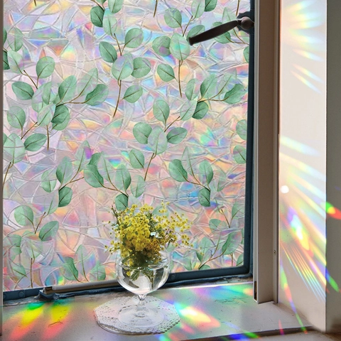 3D Rainbow Window Film Eucalyptus Leaves Privacy Glass Sticker Static Cling Decorative Window Decal Home Office Bathroom