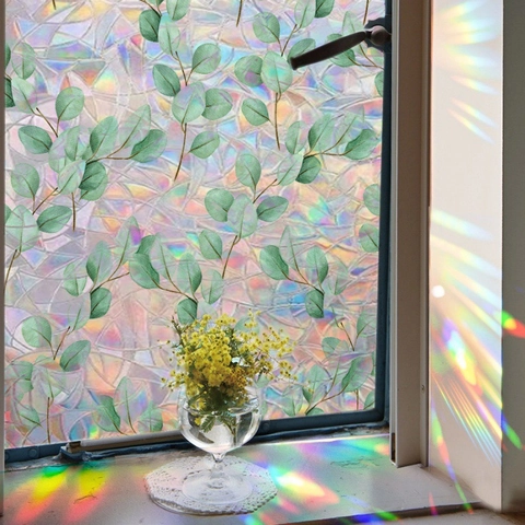 3D Regenboog Raamfolie Eucalyptus Bladeren Privacy Glas Sticker Statisch Hechtend Decoratieve Raamsticker Huis Kantoor