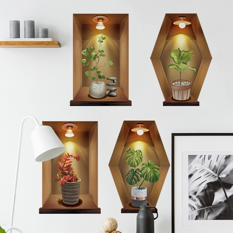 3D Visual Wall Sticker Potted Plants Recessed Niche Design Waterproof PVC Self Adhesive Home Decor For Living Room Bedroom