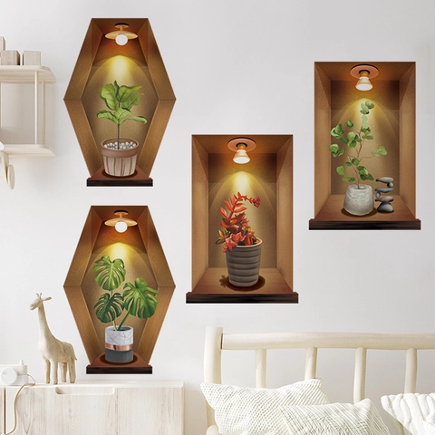 3D Visual Wall Sticker Potted Plants Recessed Niche Design Waterproof PVC Self Adhesive Home Decor For Living Room Bedroom
