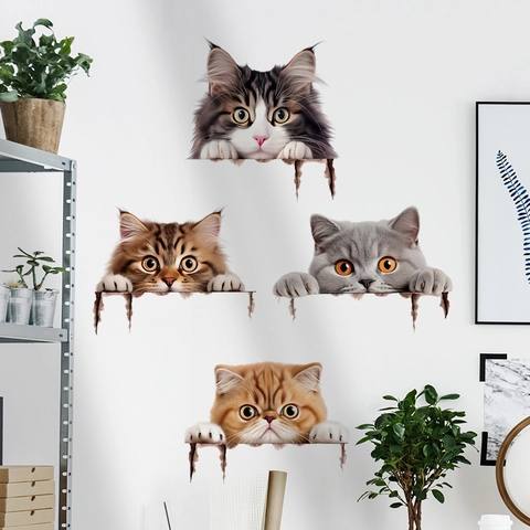 Pegatinas de Pared de Gato 3D Realistas Divertidas Calcomanías de Cabeza de Animal de PVC Impermeables para Sala Dormitorio Baño Hogar