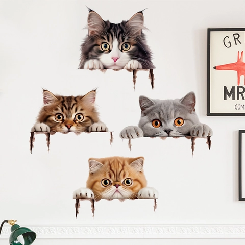 Pegatinas de Pared de Gato 3D Realistas Divertidas Calcomanías de Cabeza de Animal de PVC Impermeables para Sala Dormitorio Baño Hogar