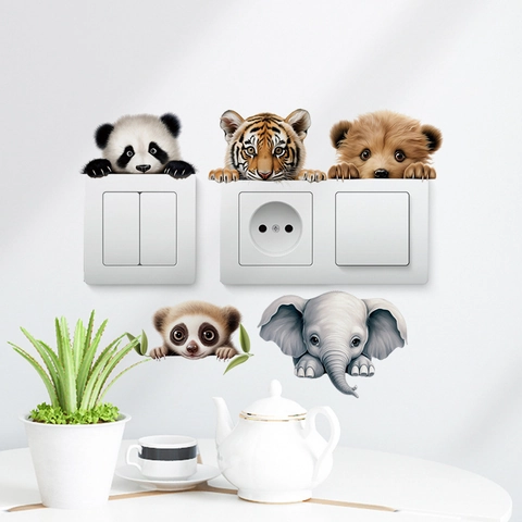 Pegatinas de Interruptor Animales Dibujos Animados Lindo Panda Tigre PVC Removible Para Decoración Habitación Infantil