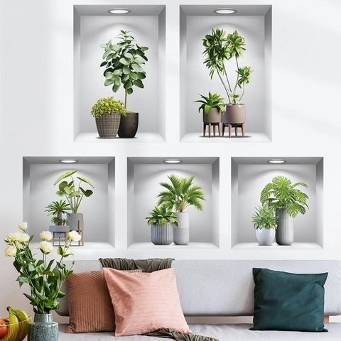 3D Realistische Grünpflanze Vase Wandaufkleber Wasserdicht PVC Abnehmbar Blumentopf Wandtattoo Für Wohnzimmer Schlafzimmer Dekor