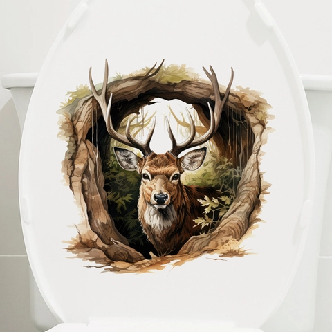 Pegatina para Asiento de Inodoro 3D Realista Ciervo Macho Removible PVC Impermeable Mural Decorativo Animales del Bosque Baño