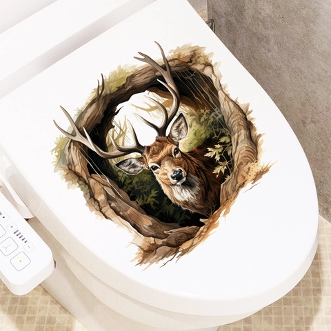 Pegatina para Asiento de Inodoro 3D Realista Ciervo Macho Removible PVC Impermeable Mural Decorativo Animales del Bosque Baño