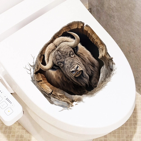 3D Realistischer Bisonkopf Baumloch Toilettendeckel Aufkleber Wasserdicht Abnehmbare PVC Tier Dekor Für Badezimmer Wandkunst