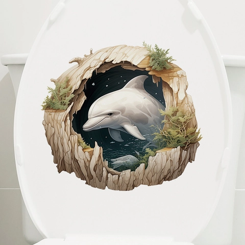 Autocollant de Couvercle de Toilette Créatif 3D Dauphin Blanc Imperméable PVC Amovible Décalcomanie Murale pour Salle de Bain Décoration Maison