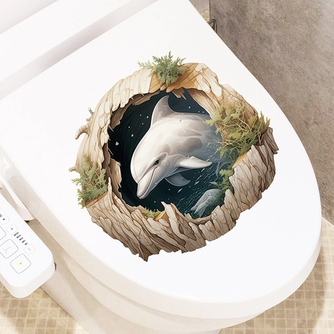 Autocollant de Couvercle de Toilette Créatif 3D Dauphin Blanc Imperméable PVC Amovible Décalcomanie Murale pour Salle de Bain Décoration Maison