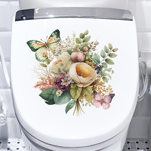 Adesivo per Coperchio del WC Impermeabile in PVC Fiori e Farfalle Rimovibile Motivo Floreale Rosa Decalcomania Bagno