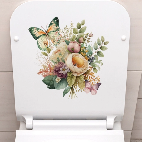 Adesivo per Coperchio del WC Impermeabile in PVC Fiori e Farfalle Rimovibile Motivo Floreale Rosa Decalcomania Bagno