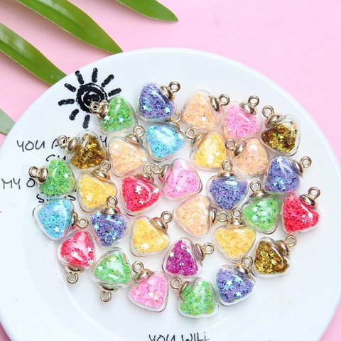 Heart Shaped Glass Ball Pendant With Star Sequins Quicksand For DIY Necklace Bracelet Jewelry Making Accessory For Women