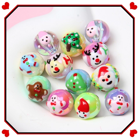 16 Cuentas Redondas de Acrílico Pintadas a Mano de Tema Navideño para DIY Joyería Diseño Muñeco de Nieve y Árbol de Navidad