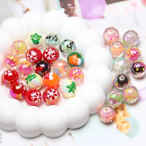 Cuentas Redondas de Acrílico Pintadas a Mano DIY de Navidad Para Pulsera Cadena de Teléfono Joyería Accesorios Patrón de Árbol