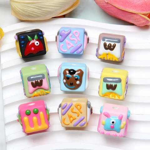 DIY Cartoon Hand Painted Resin Square Cube Beads 3D Relief Monster Letter Beads For Jewelry Making Craft Phone Chain Material