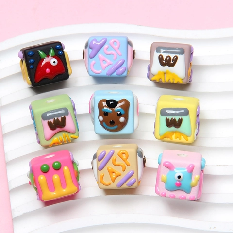 DIY Cartoon Hand Painted Resin Square Cube Beads 3D Relief Monster Letter Beads For Jewelry Making Craft Phone Chain Material