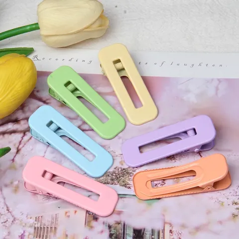 Women Macaron Color Rectangular Hollow Hair Clip Alloy Matte Seamless Duckbill Clip No Trace Hairpin Sweet Daily Hair Accessory