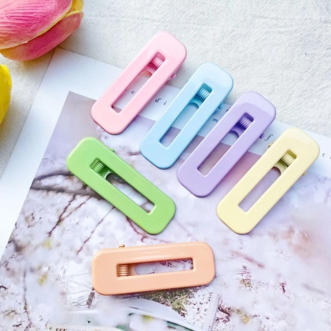 Women Macaron Color Rectangular Hollow Hair Clip Alloy Matte Seamless Duckbill Clip No Trace Hairpin Sweet Daily Hair Accessory