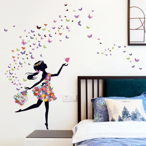 Bloemenfee Meisje Silhouet Muursticker Kleurrijke Vlinder Bloemen PVC Sticker Waterdicht DIY Home Decor Muurschildering Voor Slaapkamer