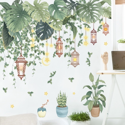 Pegatina de Pared de PVC de Hojas de Monstera Tropical y Linternas Removible Impermeable Decoración Botánica DIY para Dormitorio Sala