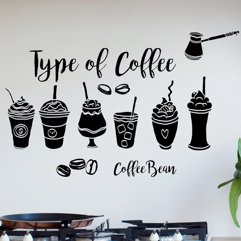 Adesivi Murali Removibili Tazza di Caffè Silhouette Nera Chicco di Caffè Decalcomanie in PVC Per Cucina Sala da Pranzo Bar Decorazione