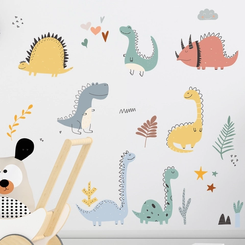 Cartoon Dinosaur Wall Stickers Macaron PVC Star Cloud Removable Decals For Kids Room Nursery Bedroom Home Decor DIY Art