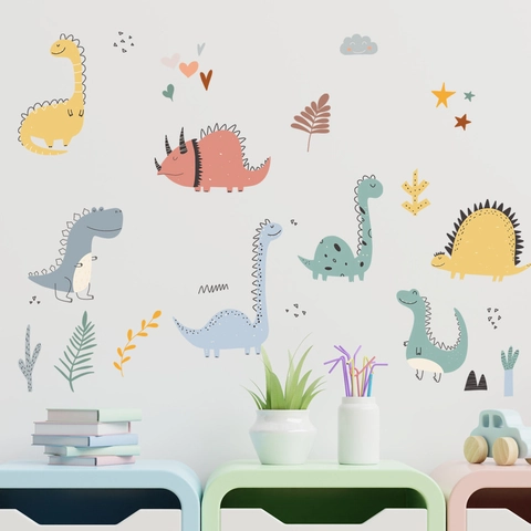 Cartoon Dinosaur Wall Stickers Macaron PVC Star Cloud Removable Decals For Kids Room Nursery Bedroom Home Decor DIY Art