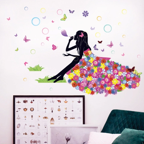 Fee Bloem Meisje Silhouet Muursticker Waterdicht PVC Bloemen Vlinder Decal Voor Slaapkamer Woonkamer Huis Decoratie