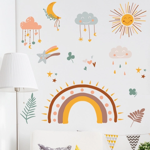 Stickers Muraux Boho Arc-en-ciel Nuage Pour Chambre d'Enfant Décoration Amovible PVC Soleil Lune Étoile Cœur Feuille