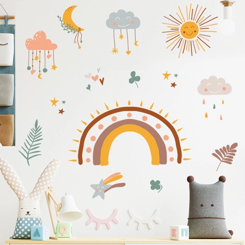 Stickers Muraux Boho Arc-en-ciel Nuage Pour Chambre d'Enfant Décoration Amovible PVC Soleil Lune Étoile Cœur Feuille