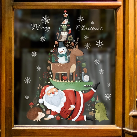 Pegatinas de Pared de Feliz Navidad Papá Noel Reno Animales Adhesivos Ventana PVC Removible Impermeable Decoración
