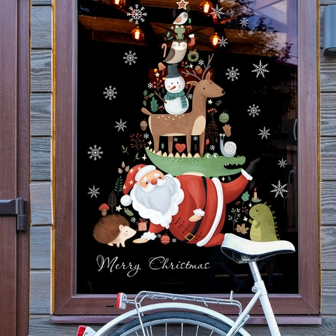 Pegatinas de Pared de Feliz Navidad Papá Noel Reno Animales Adhesivos Ventana PVC Removible Impermeable Decoración