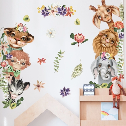 Nordic Watercolor Forest Animal Wall Stickers PVC Hand-Painted Giraffe Lion Elephant Floral Leaf Nursery Kids Room Decor Decals