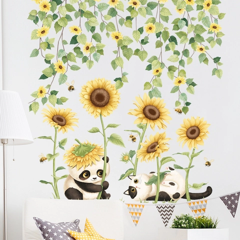 Waterdichte PVC Zonnebloem Ranken Muursticker Cartoon Panda Kat Decoratieve Sticker Voor Kinderkamer Woonkamer Slaapkamer Home Decor