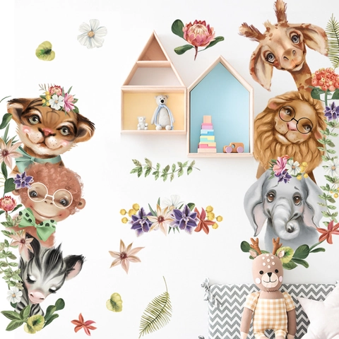 Nordic Watercolor Forest Animal Wall Stickers PVC Hand-Painted Giraffe Lion Elephant Floral Leaf Nursery Kids Room Decor Decals