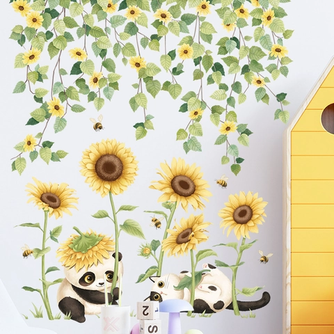 Waterdichte PVC Zonnebloem Ranken Muursticker Cartoon Panda Kat Decoratieve Sticker Voor Kinderkamer Woonkamer Slaapkamer Home Decor